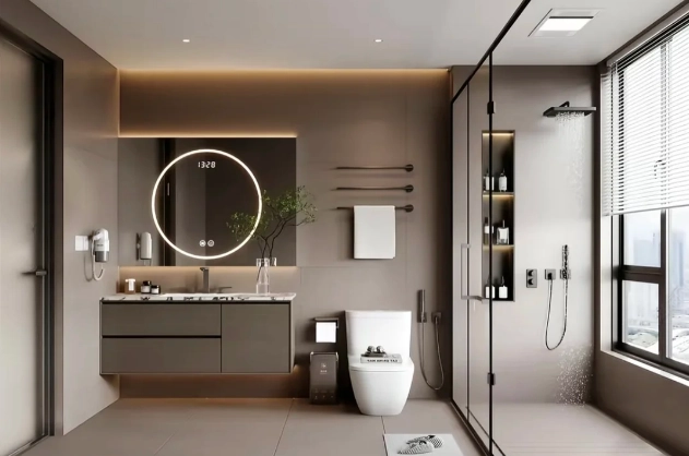 Modern minimalist bathroom with a backlit circular mirror and glass shower.