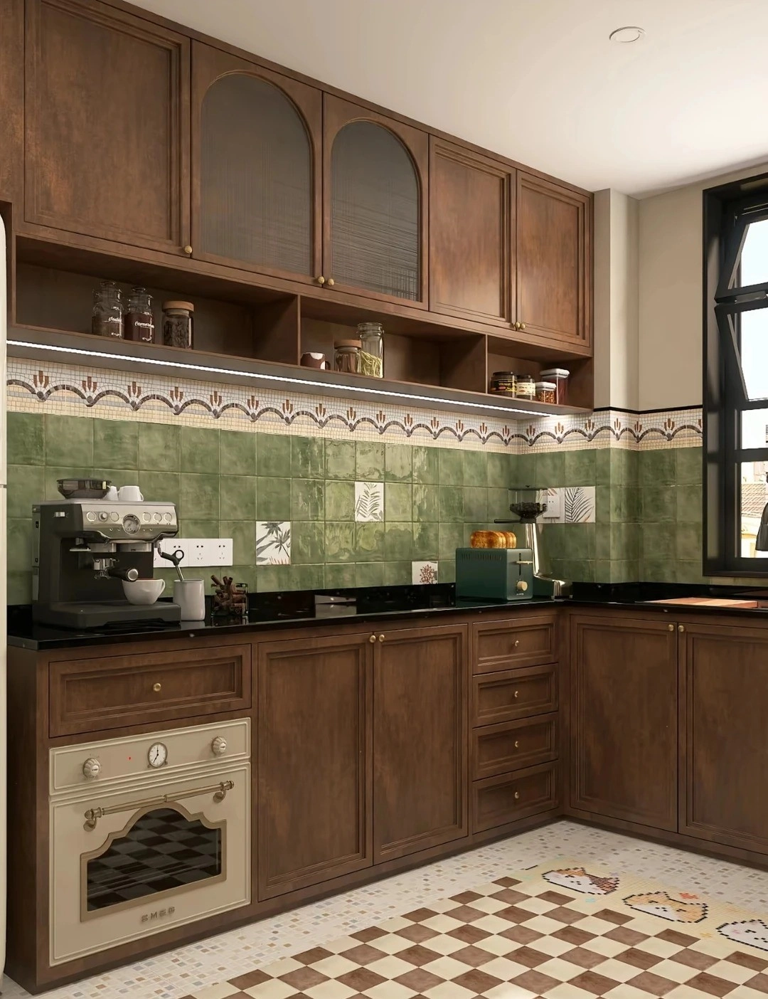 Rustic kitchen with dark wood cabinets, green tile backsplash, and vintage oven.