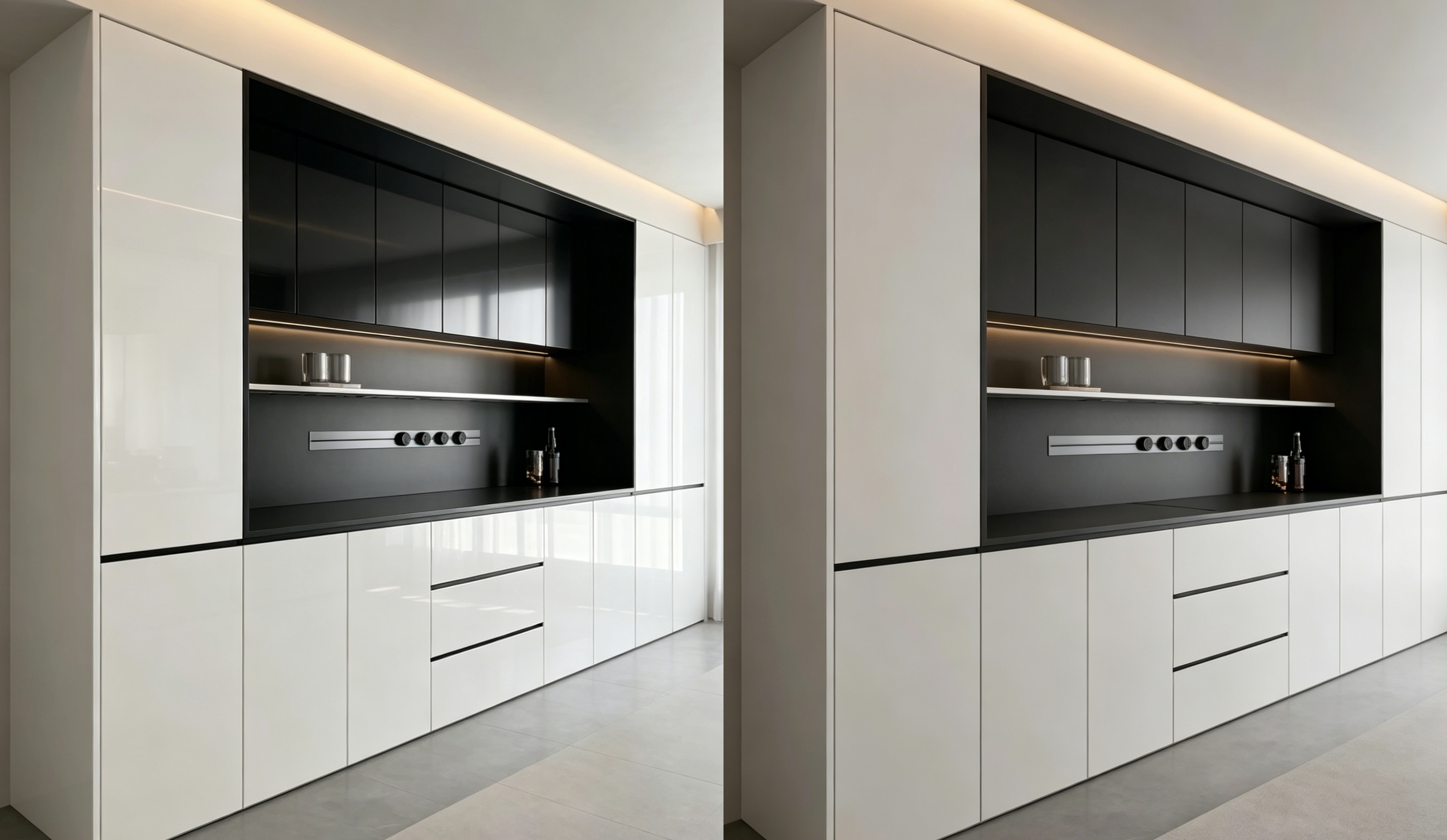 Modern minimalist kitchen with sleek white and black handleless cabinets.