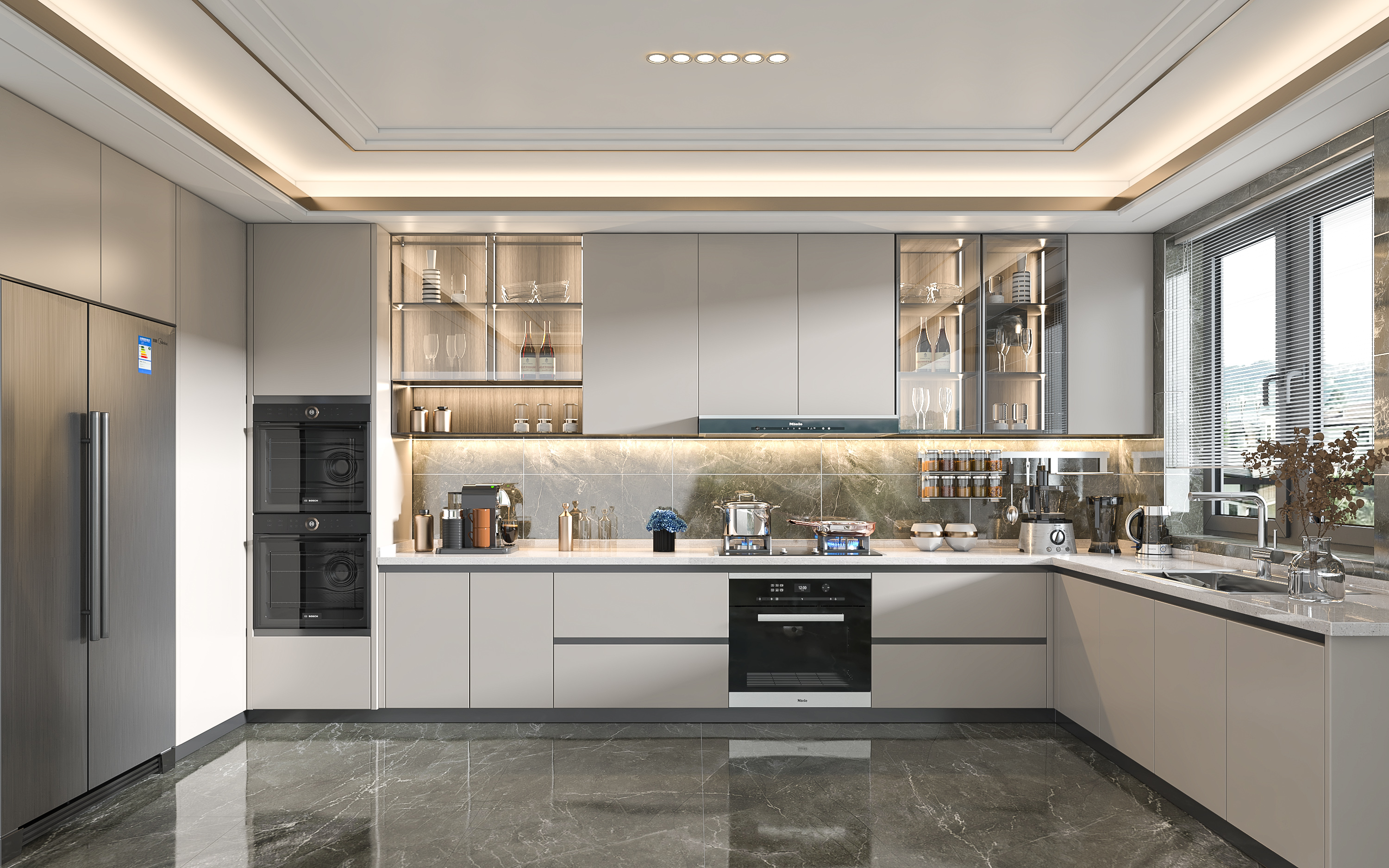 Modern luxury kitchen with beige cabinets, marble floors, and built-in appliances.