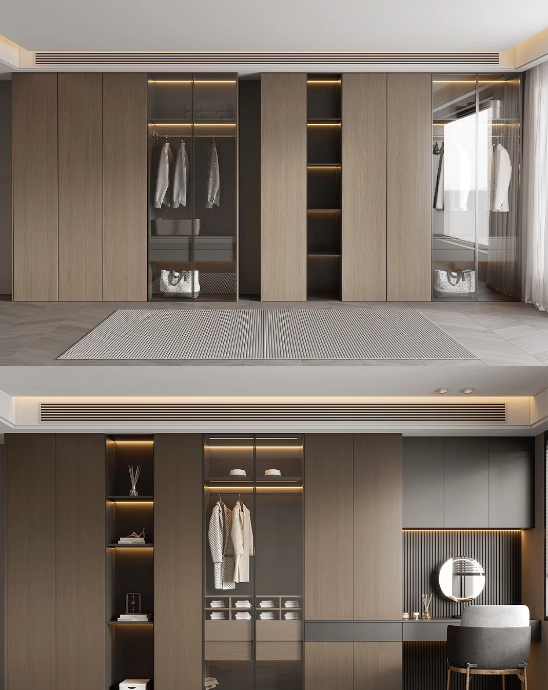 Modern-wardrobe-and-dressing-table-in-minimalist-bedroom. Modern wardrobe and dressing table in minimalist bedroom.
