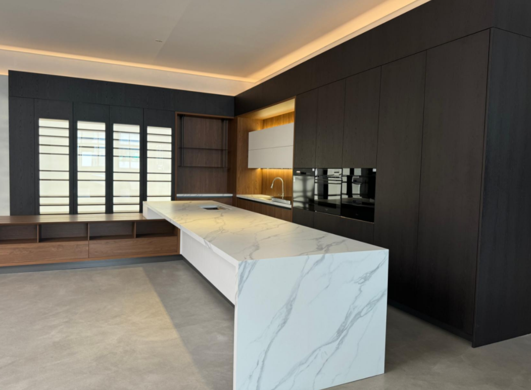 walnut and black melamine finish kitchen cabinet
