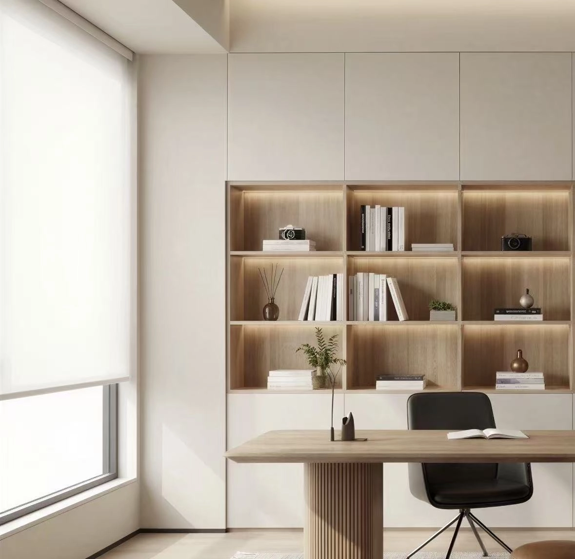 Modern home office with minimalist wooden desk and built-in lit bookshelves.