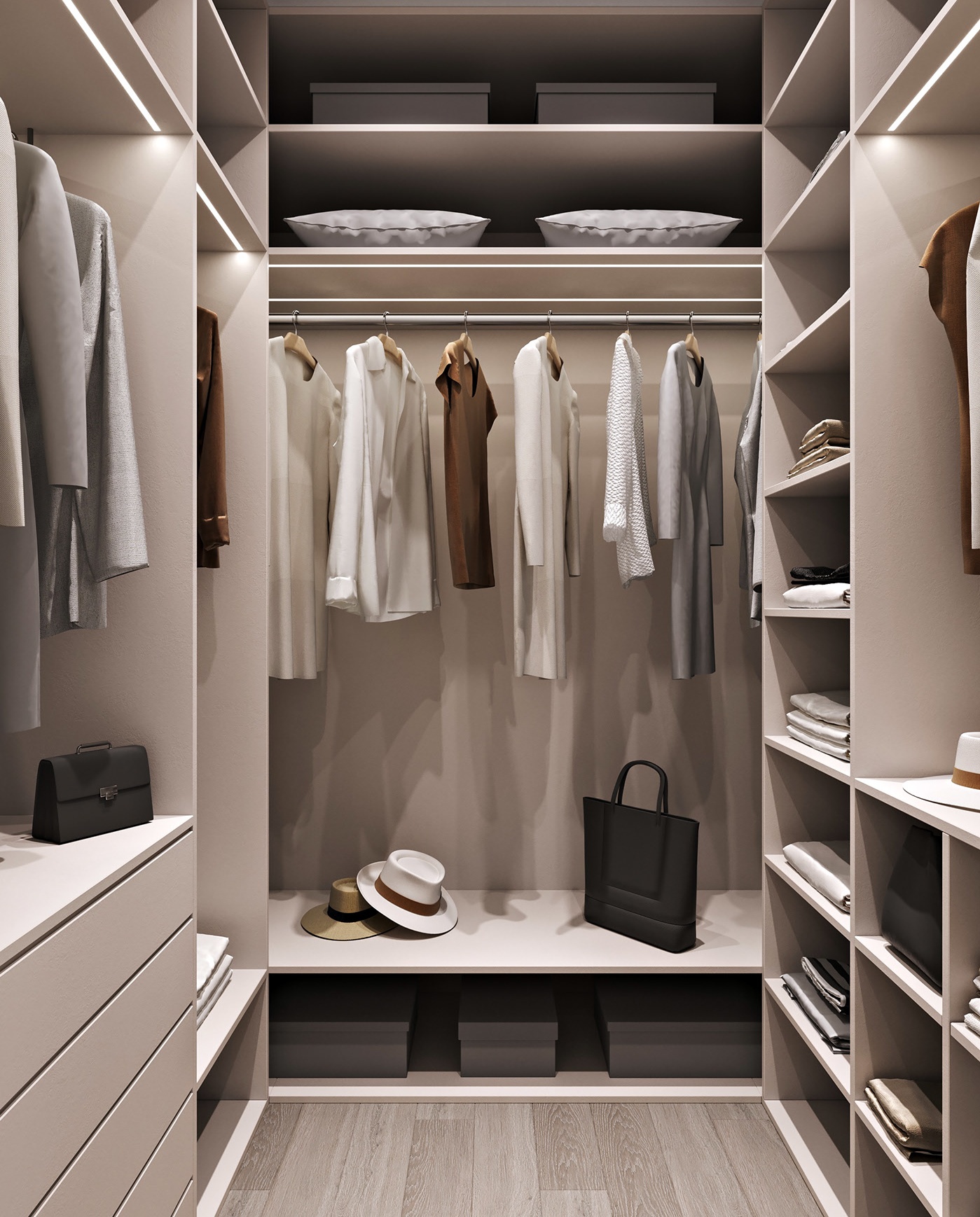 Well-organized walk-in closet with neutral color palette, clothing, hats, and accessories. Well-organized walk-in closet with neutral color palette, clothing, hats, and accessories.