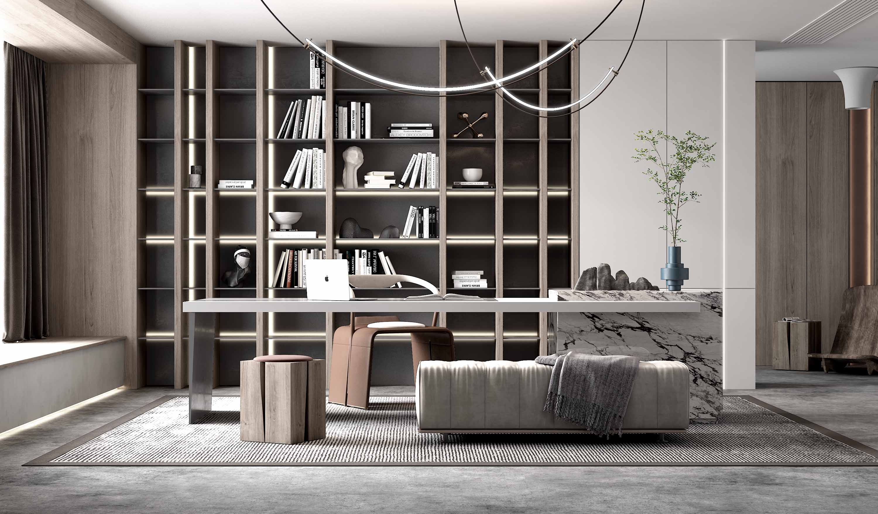 Modern home office with a minimalist desk, marble accents, and large bookshelf.