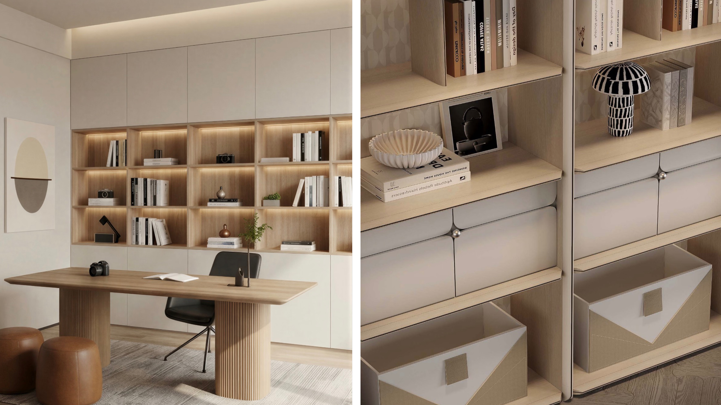 Modern home office with light wood desk and built-in illuminated bookshelves.