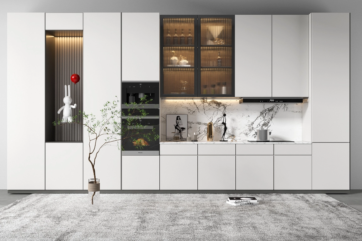 Modern minimalist white kitchen with marble backsplash and a grey rug.