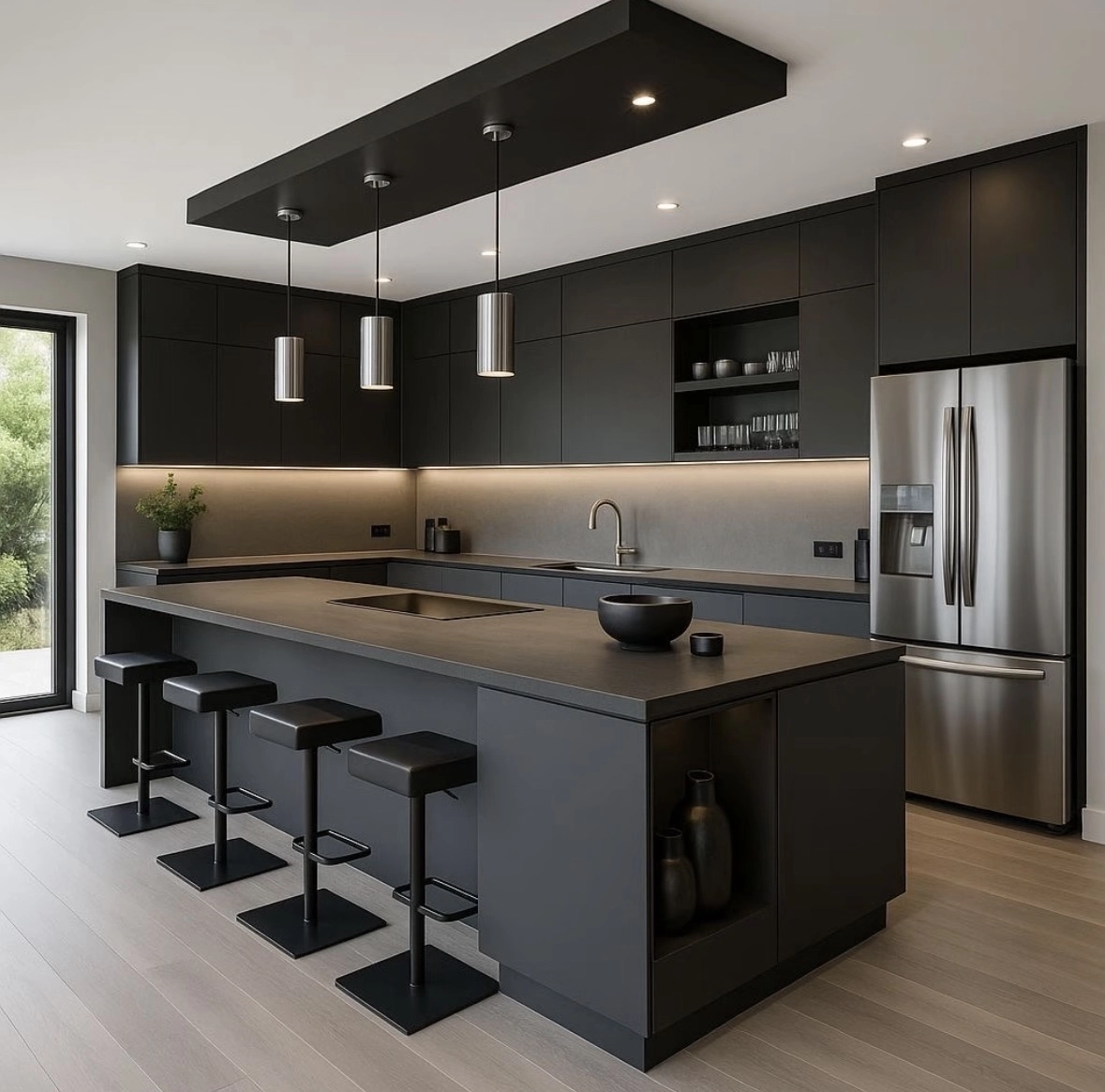 Modern minimalist kitchen with matte black cabinets and a large island.