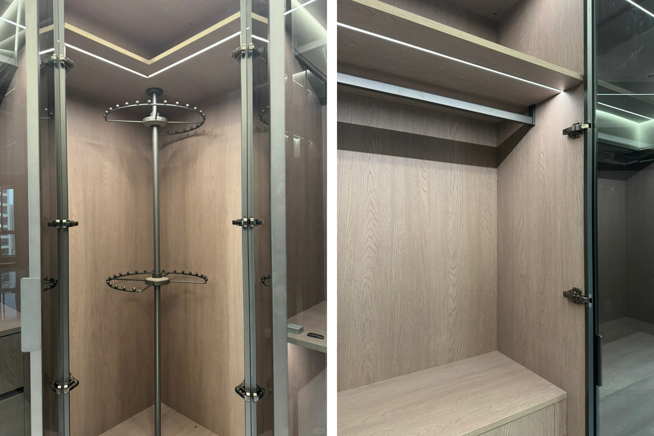 Modern walk-in closet with wood panels, rotating racks, and LED lighting. Modern walk-in closet with wood panels, rotating racks, and LED lighting.