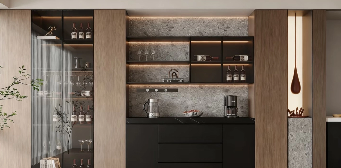 Light Luxury Wine Cabinet Display with Glass Doors & LED Lighting