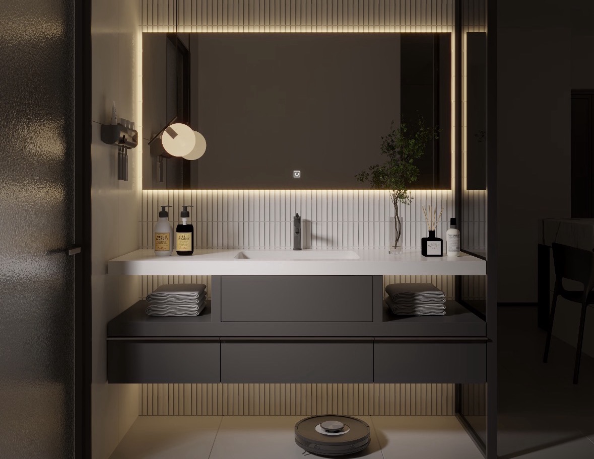 Modern dark gray bathroom vanity with backlit mirror and white countertop.