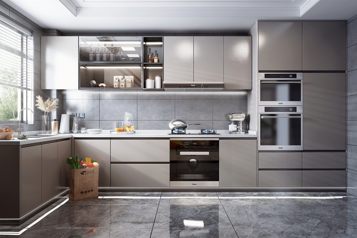 Modern minimalist kitchen with gray cabinets and marble tile flooring.