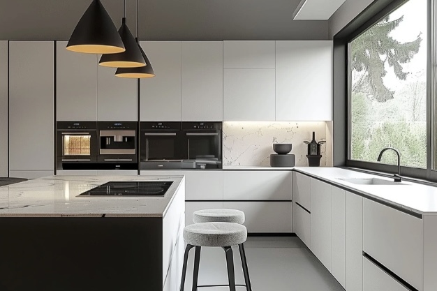 Modern minimalist kitchen with white cabinets 