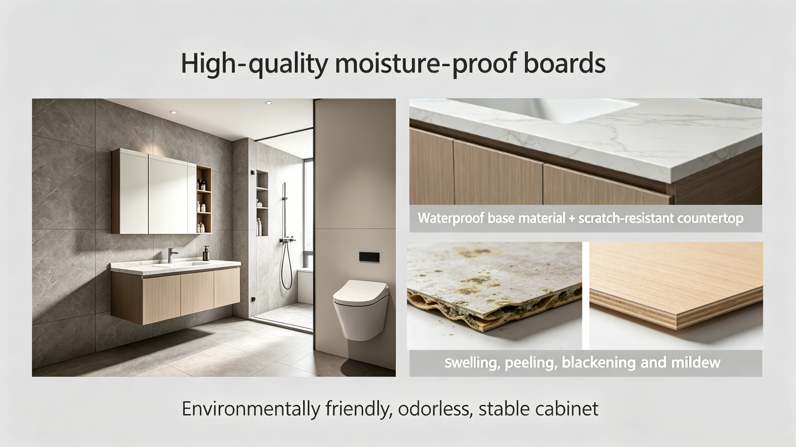 Comparison of moisture-proof bathroom boards versus swelling mildewed wood.