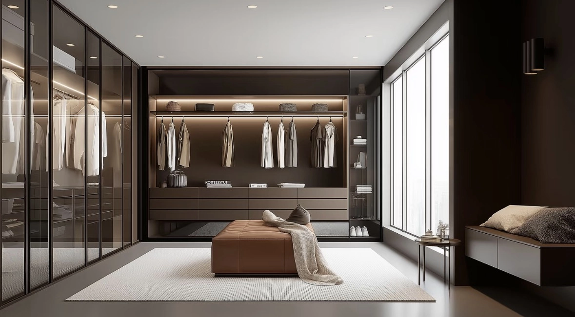 Modern luxury walk-in closet with brown cabinetry, ottoman, and large window.