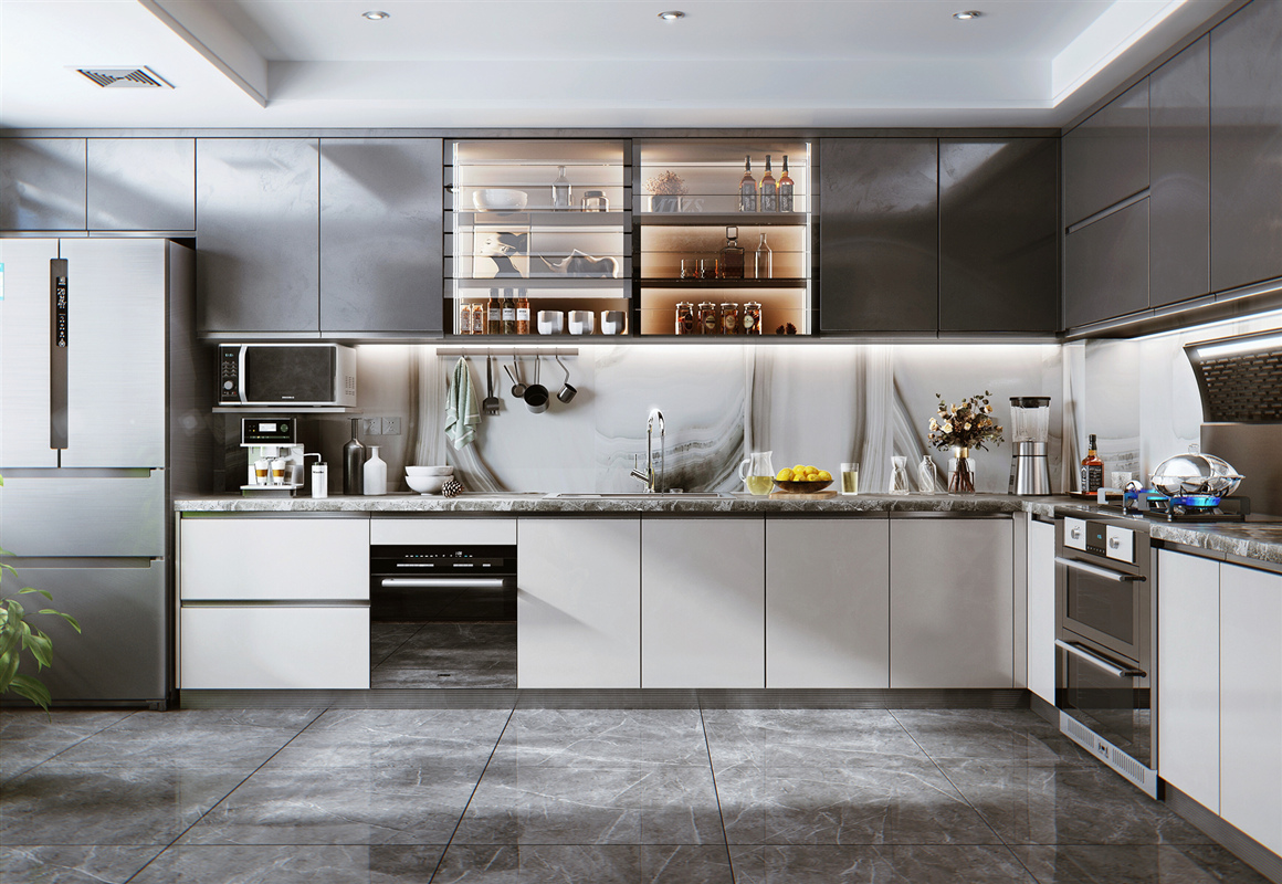 Modern kitchen with grey cabinets, marble backsplash, and white lower units.