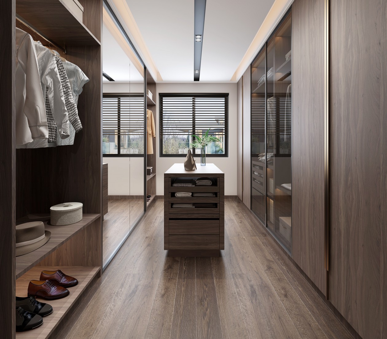 Walk-in closet with wood paneled cabinets and central island.