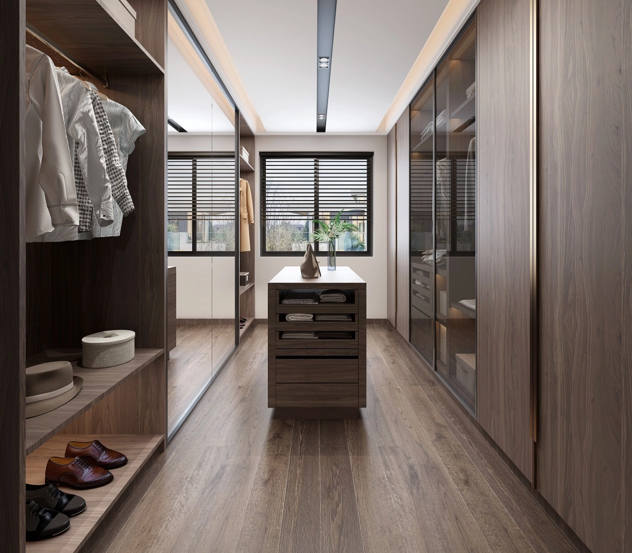 Walk-in closet with wood paneled cabinets and central island.