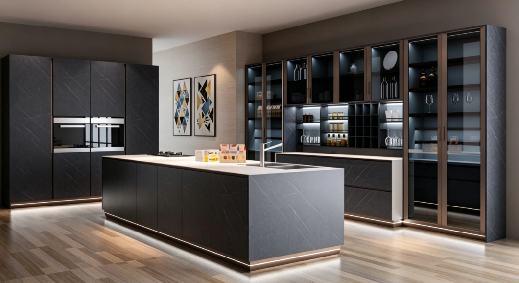 Modern dark marble kitchen with a large island and backlit glass cabinets.