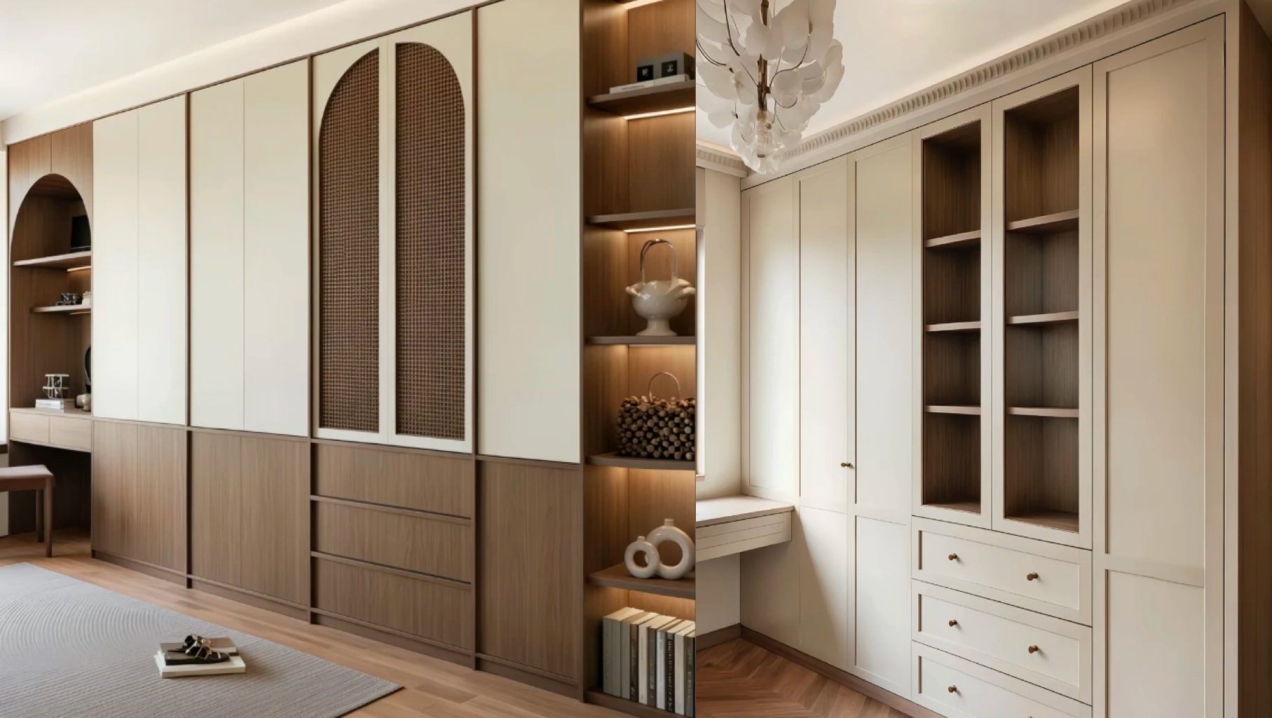 Modern built-in wardrobes with wood accents and integrated shelving.