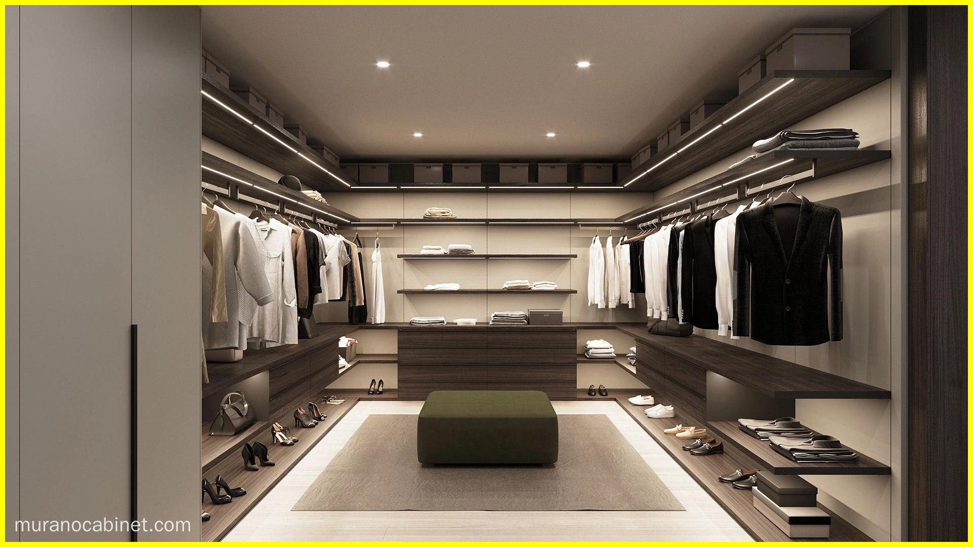 Walk-in closet with organized clothing, shoes, and accessories.