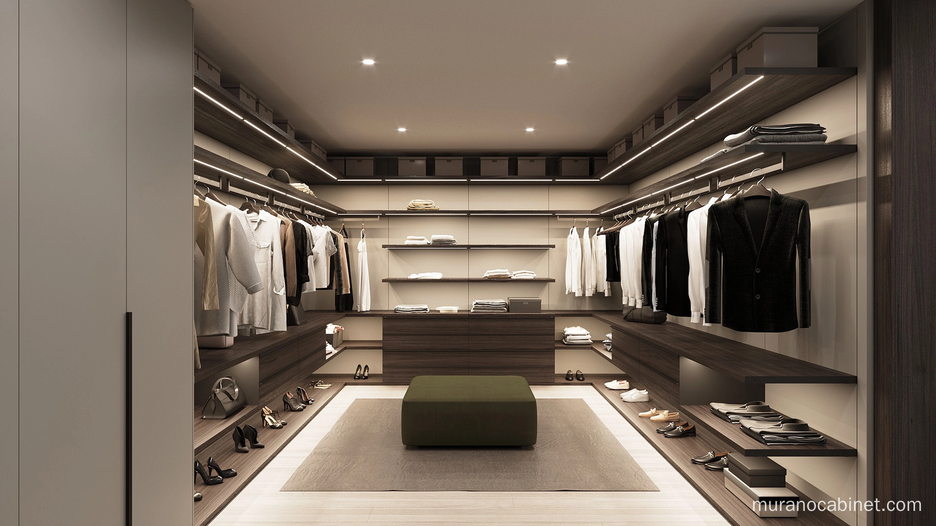 Walk-in closet with organized clothing, shoes, and accessories.
