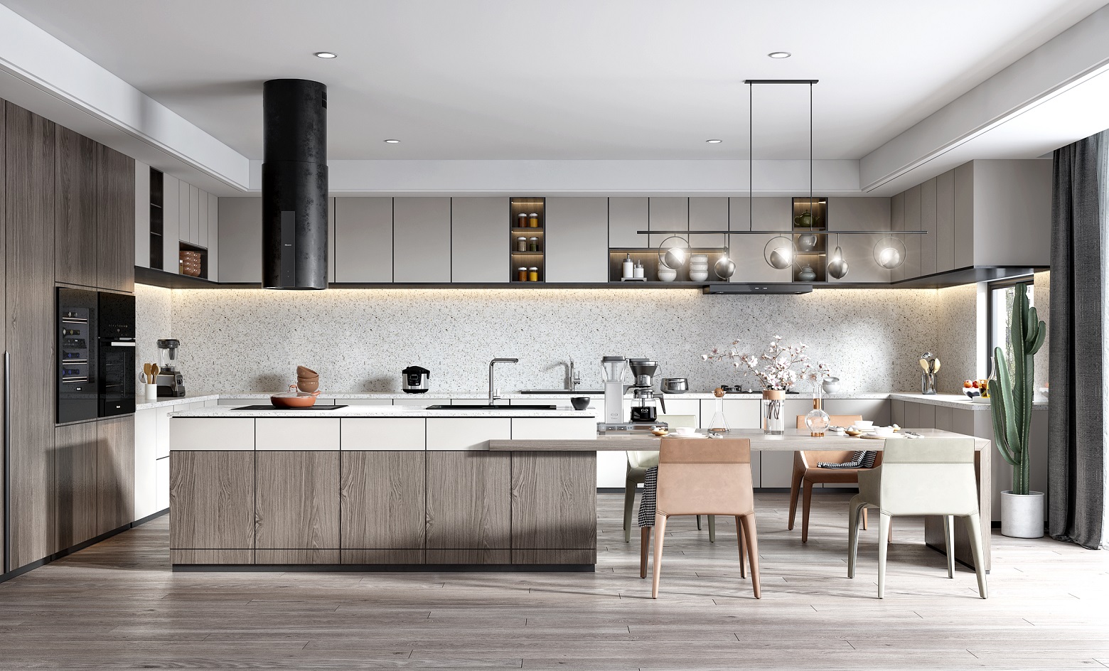 Modern minimalist kitchen with wood island, white counters, and dining area.