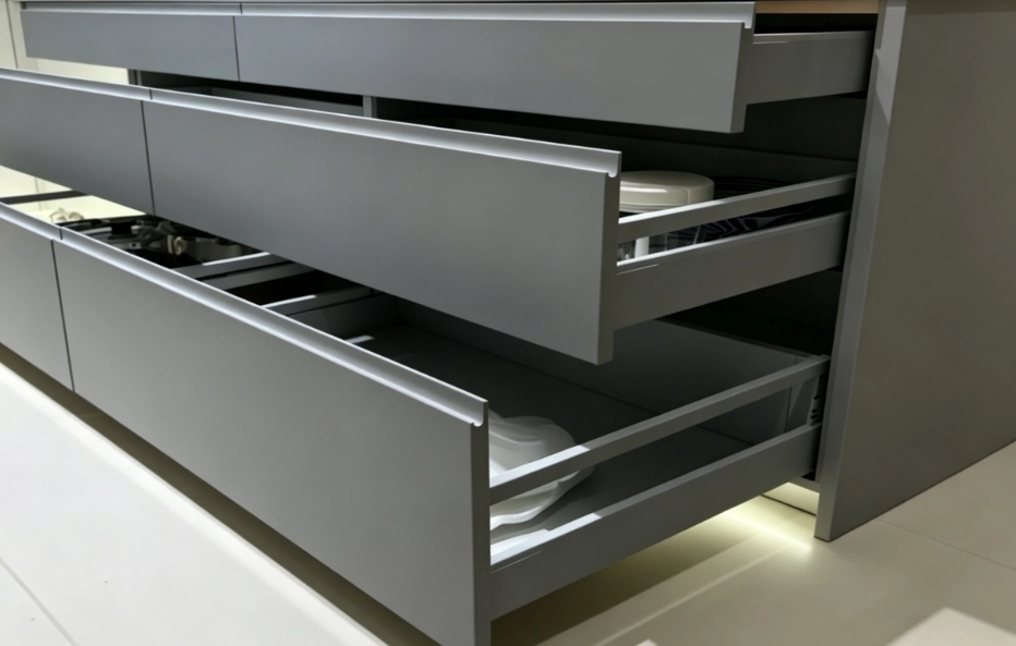 Soft-close drawer system with premium cabinet hardware for modern kitchen cabinets