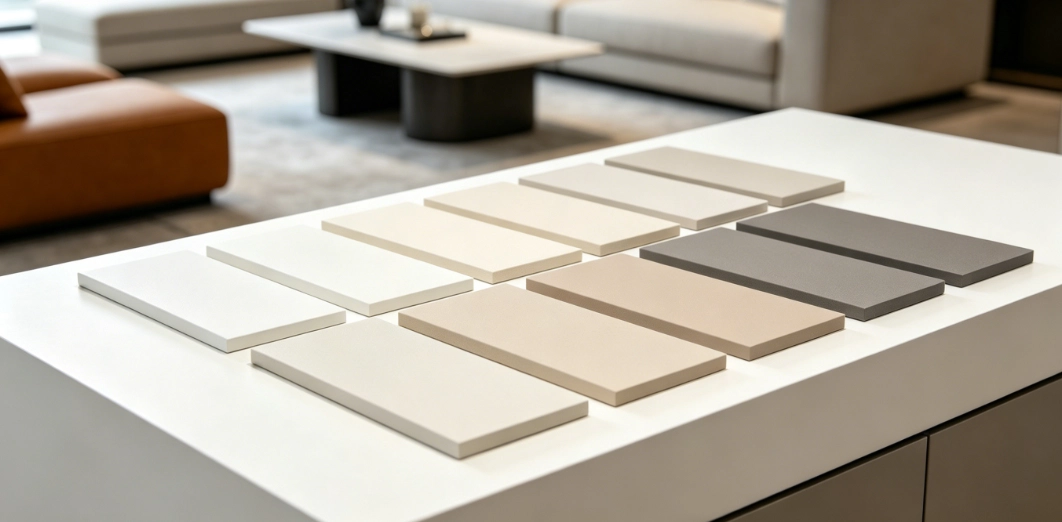 Neutral color material samples arranged on a white table in a modern showroom.