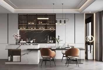 Modern dining room with black marble accents, built-in shelving, and light wood chairs. Modern dining room with black marble accents, built-in shelving, and light wood chairs.