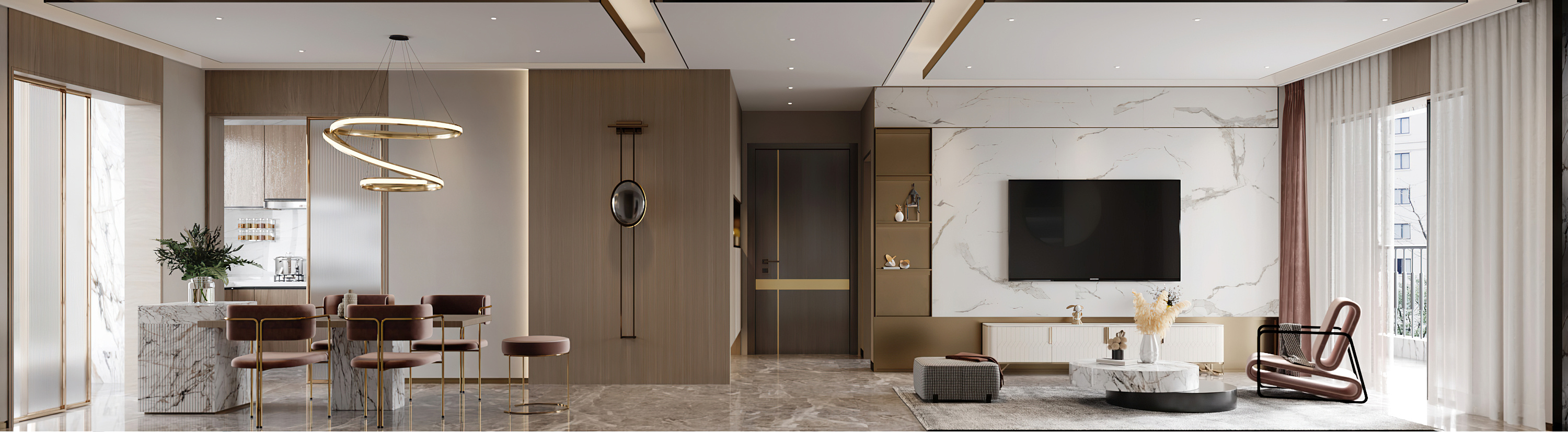Modern luxury living room with marble walls, gold accents, and velvet chairs.