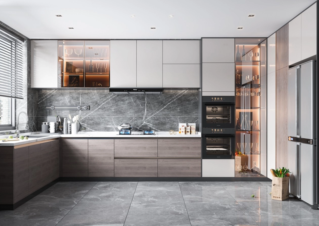 Modern kitchen with grey marble backsplash, wooden cabinets, and integrated appliances.