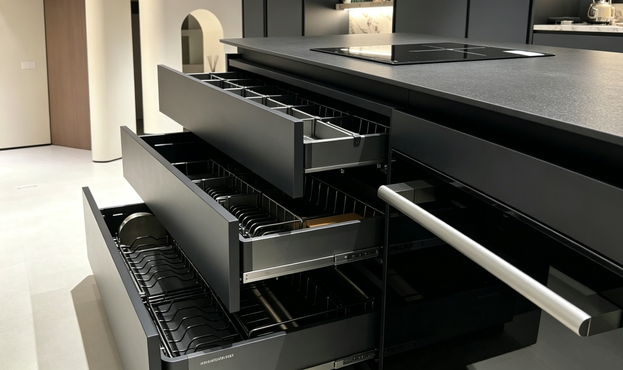 Modern black kitchen island with open drawers and built-in organizers.
