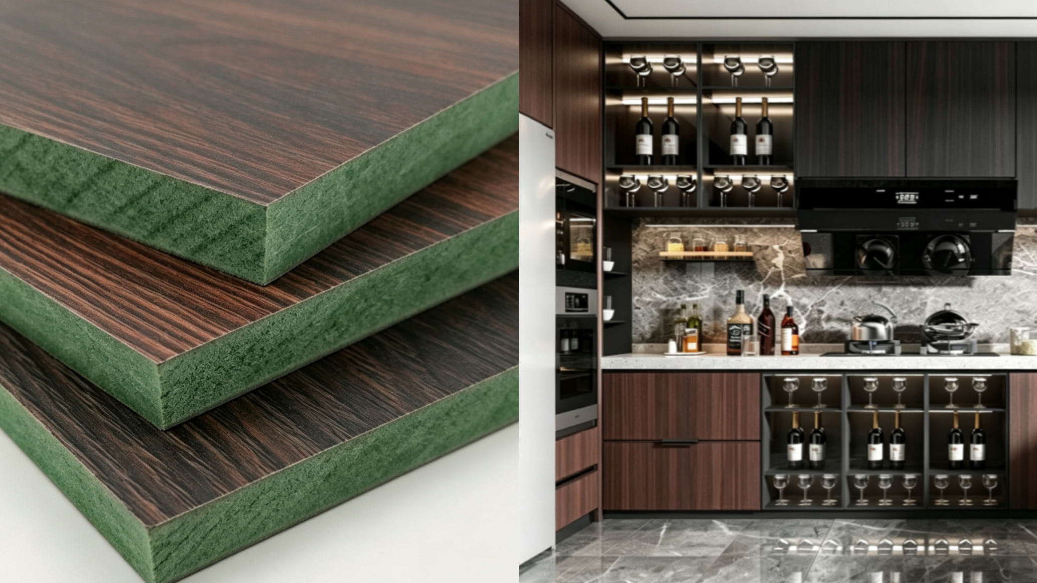 Moisture resistant green core MDF board for bathroom and kitchen custom cabinets