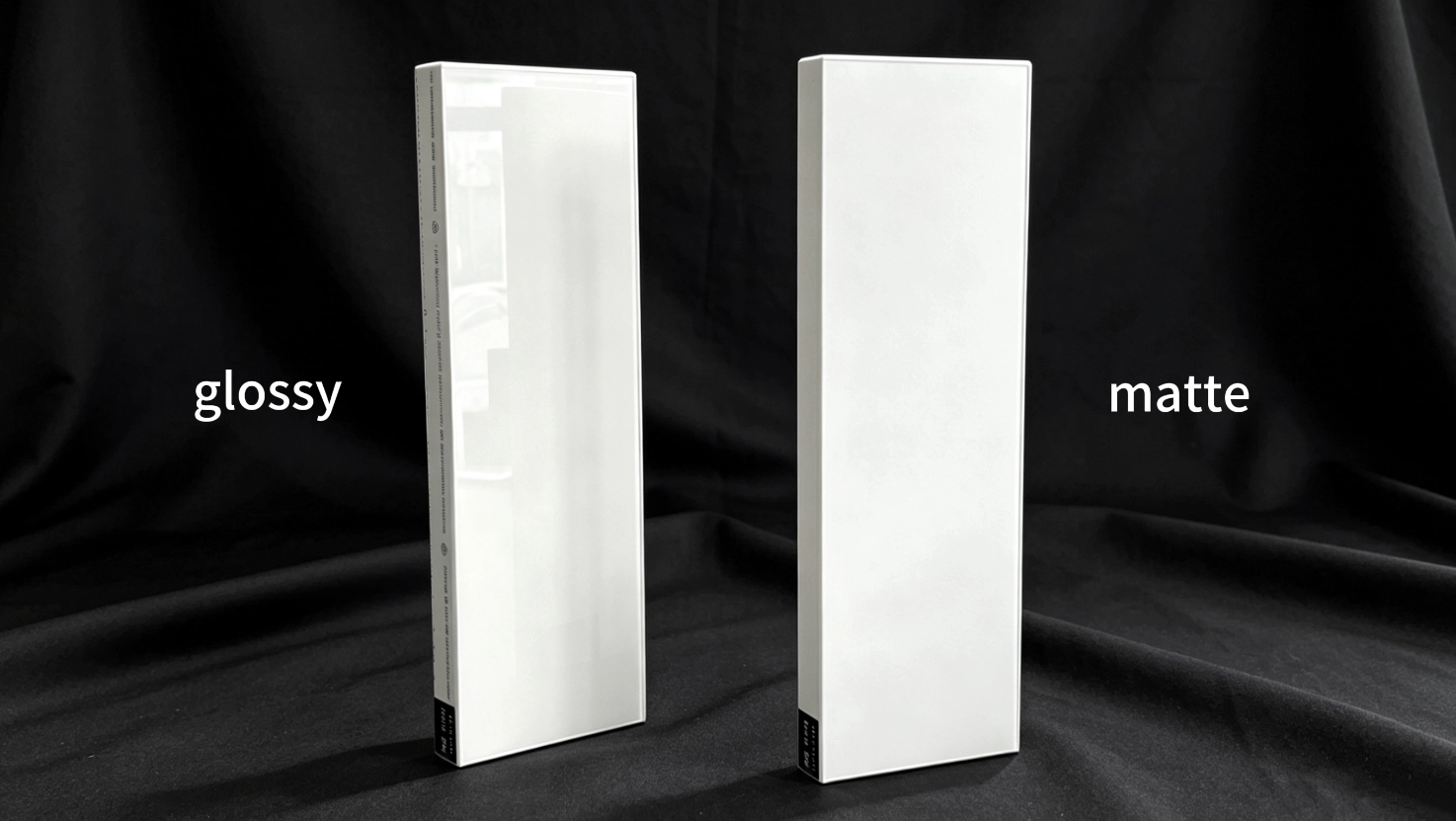 Side-by-side comparison of glossy and matte white finish panels.