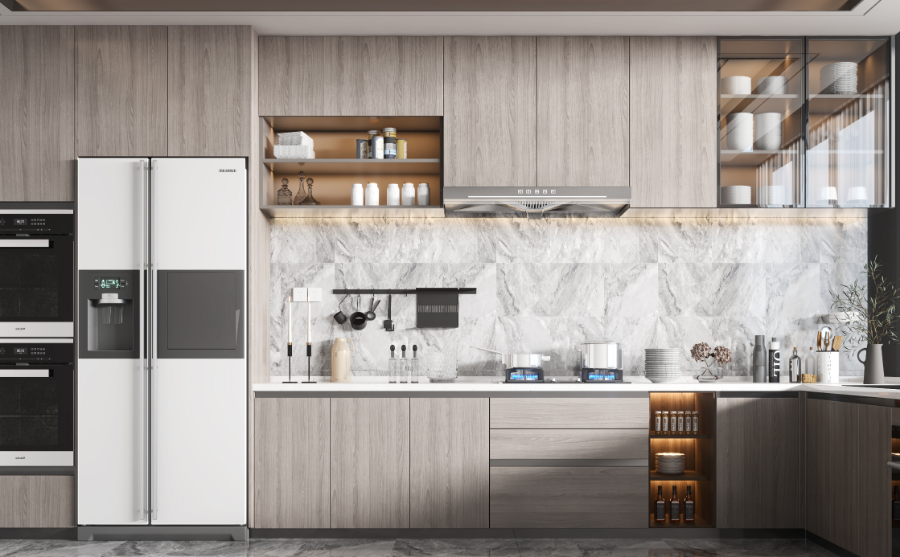 Modern kitchen interior with marble backsplash, wooden cabinetry, and stainless steel appliances. Modern kitchen interior with marble backsplash, wooden cabinetry, and stainless steel appliances.