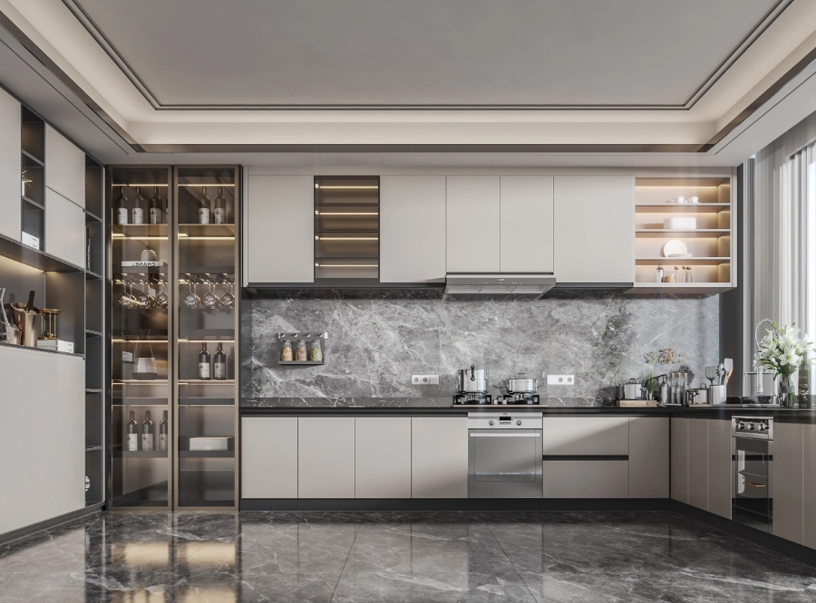 Modern kitchen with light gray cabinets, marble backsplash, and illuminated display shelves. Modern kitchen with light gray cabinets, marble backsplash, and illuminated display shelves.