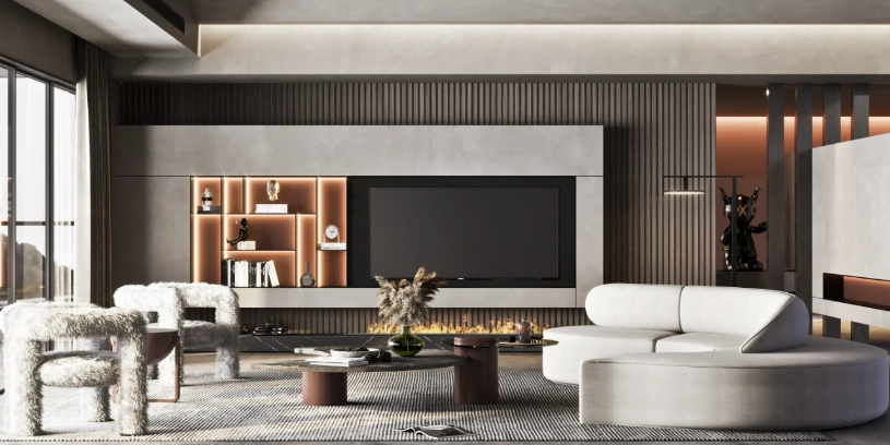 Modern living room with a curved white sofa, fuzzy chairs, and a built-in TV.