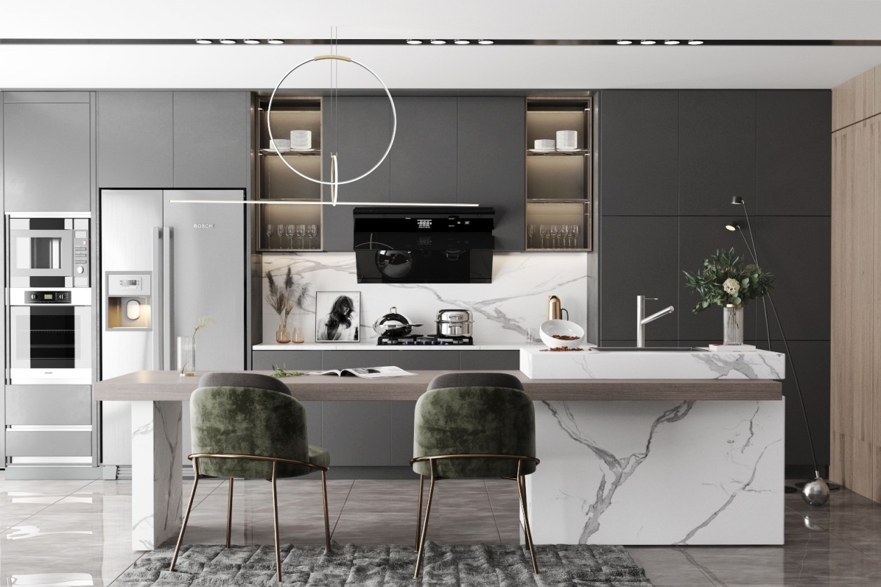 Modern kitchen design with gray cabinets, marble countertops, and olive green chairs.