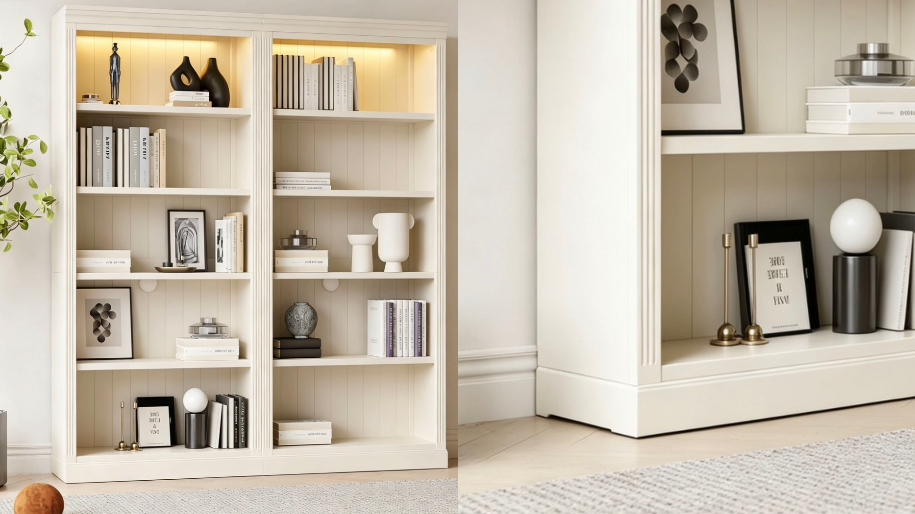 White built-in bookshelves with integrated lighting and minimalist decor.