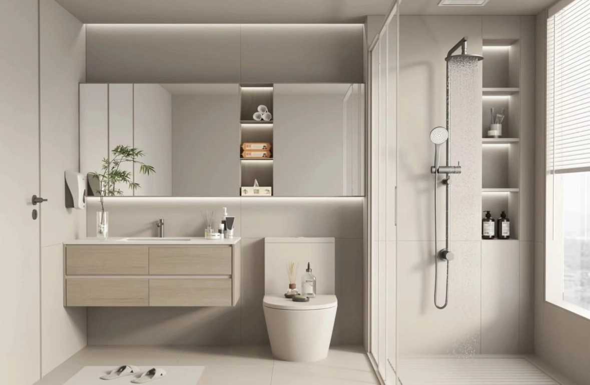 Modern minimalist beige bathroom with floating vanity and glass walk-in shower.
