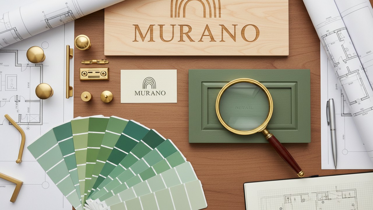 A designer workspace with green paint swatches and a MURANO business card illustrating the cabinetry selection process.