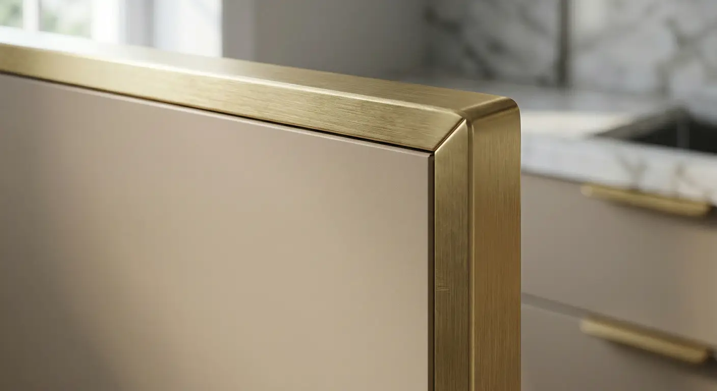 A highly detailed macro photograph of a kitchen cabinet door edge. A highly detailed macro photograph of a kitchen cabinet door edge.