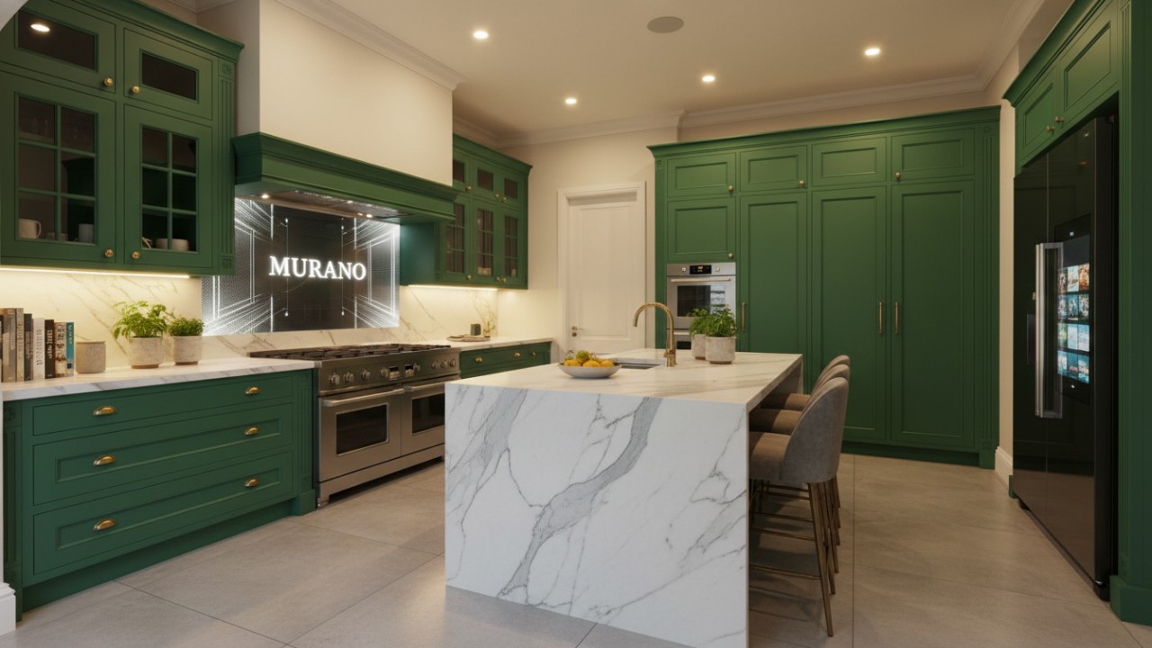 A luxurious finished kitchen with emerald green cabinets and the MURANO brand name visible on a digital screen.