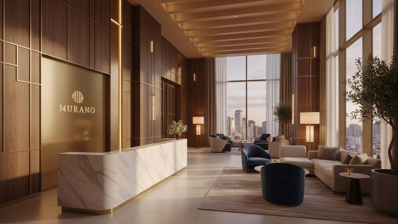 A luxurious hotel lobby showcasing finished custom furniture and a subtle gold Murano brand sign on the reception desk.
