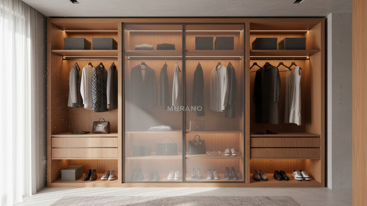 A luxury custom bedroom wardrobe with integrated LED lighting and high-end wood finishes featuring the MURANO brand logo on a glass door