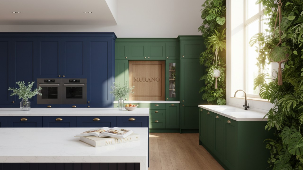 A modern kitchen design showing the transition from blue to green cabinetry with a MURANO brand cookbook on the counter.