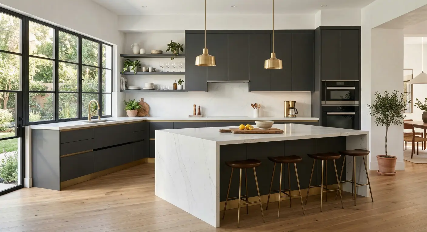 a modern luxury kitchen. Featuring matte charcoal grey PET kitchen cabinets with seamless brushed brass Gola handle profiles and a sleek brass toe kick.