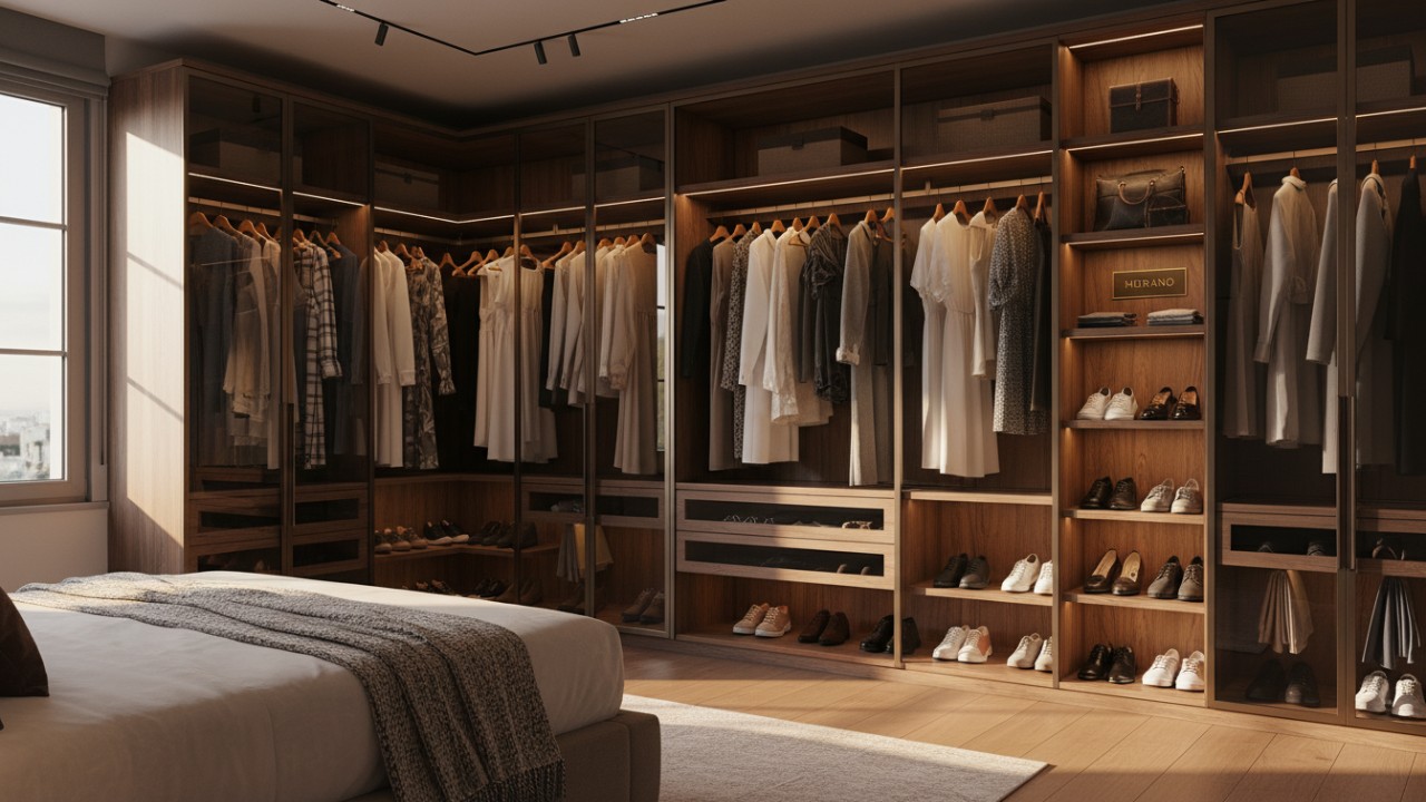 A peaceful and perfectly organized custom walk-in wardrobe in a modern bedroom featuring a subtle MURANO brand plaque on a shelf