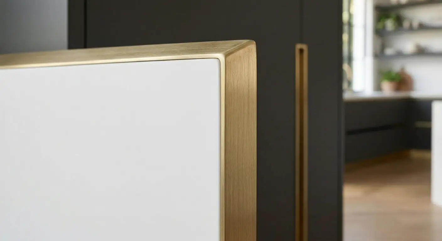 A photorealistic macro close-up shot of a kitchen cabinet door edge